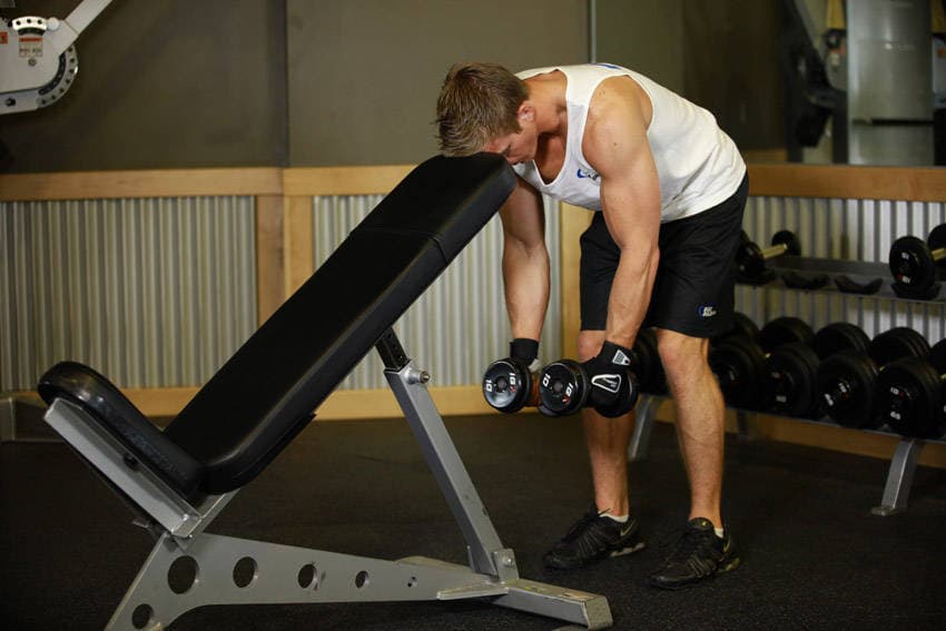 Bent Over Dumbbell Rear Delt Raise With Head On Bench — البداية