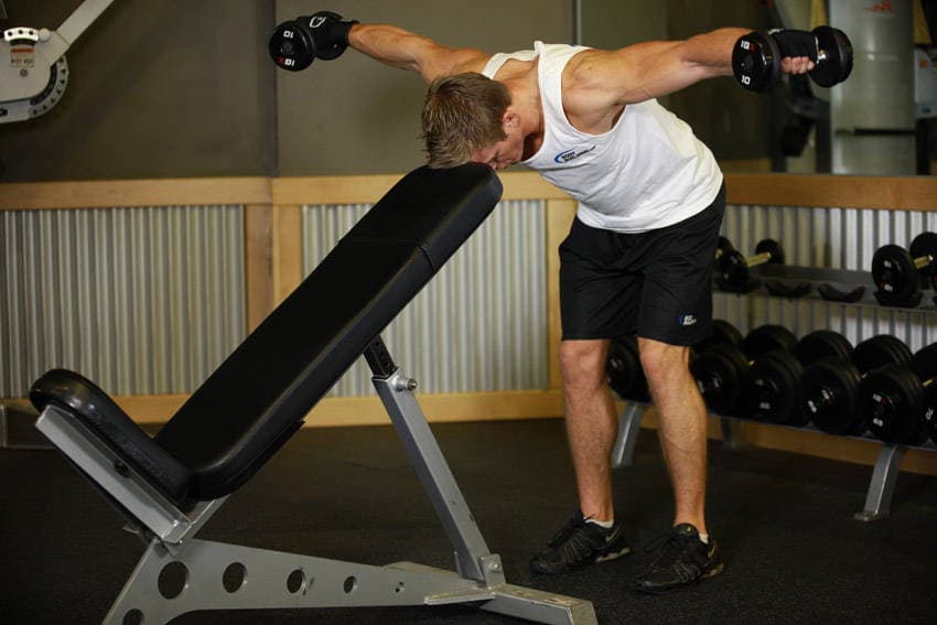 Bent Over Dumbbell Rear Delt Raise With Head On Bench — النهاية