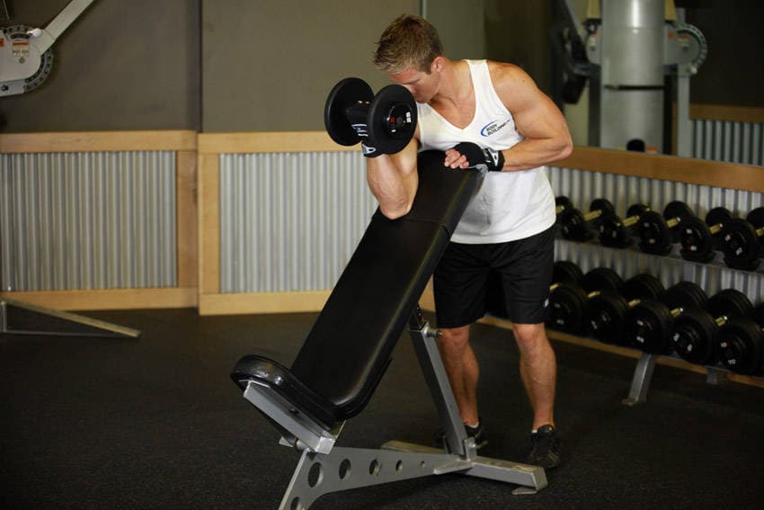 Standing One-Arm Dumbbell Curl Over Incline Bench — النهاية