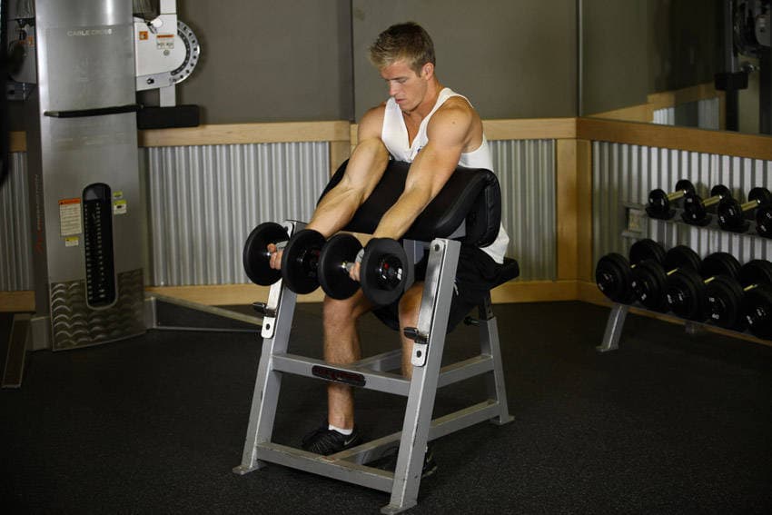 Two-Arm Dumbbell Preacher Curl — البداية