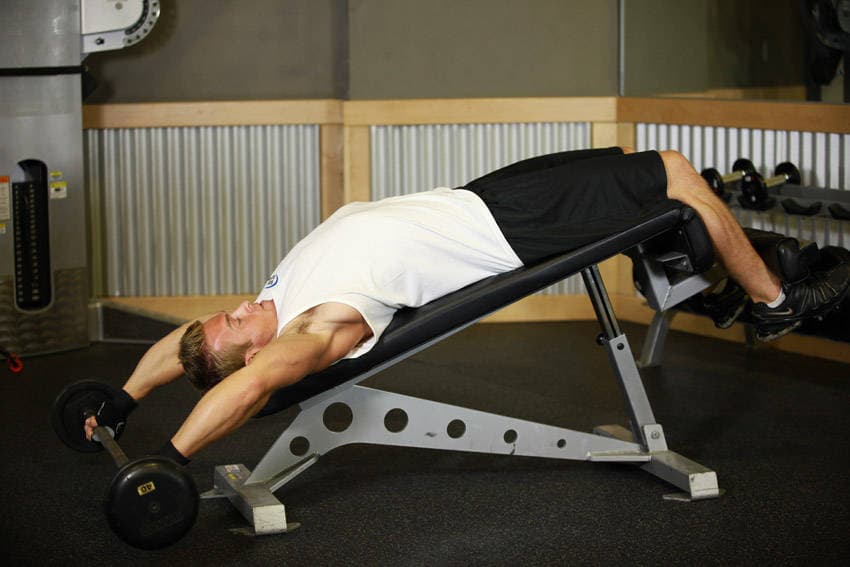 Wide-Grip Decline Barbell Pullover — النهاية